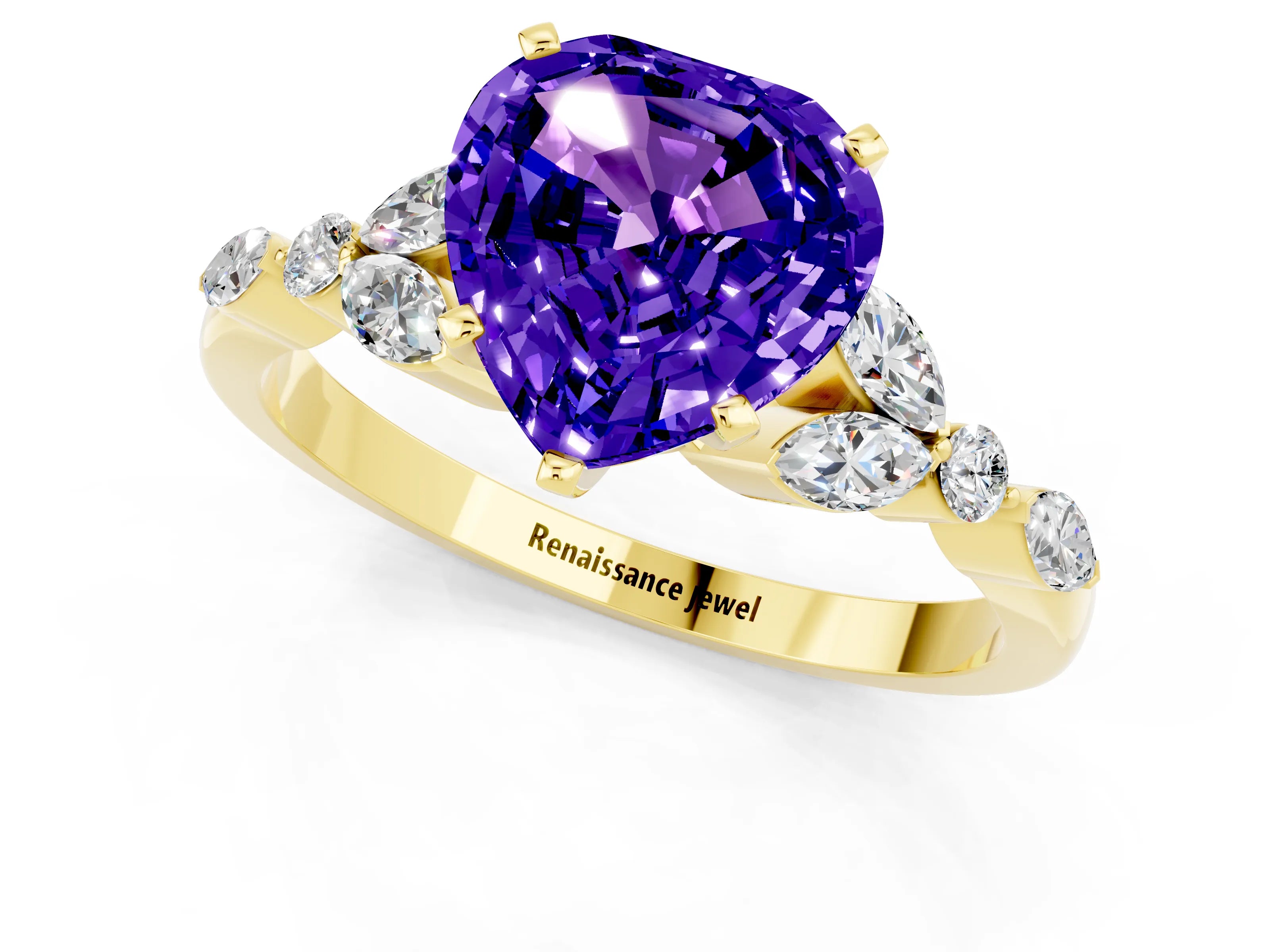 Yellow gold Heart Cut Tanzanite Solitaire Ring with Side Stones and Four-Prong Setting_13