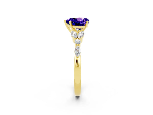 Yellow gold Heart Cut Tanzanite Solitaire Ring with Side Stones and Four-Prong Setting
