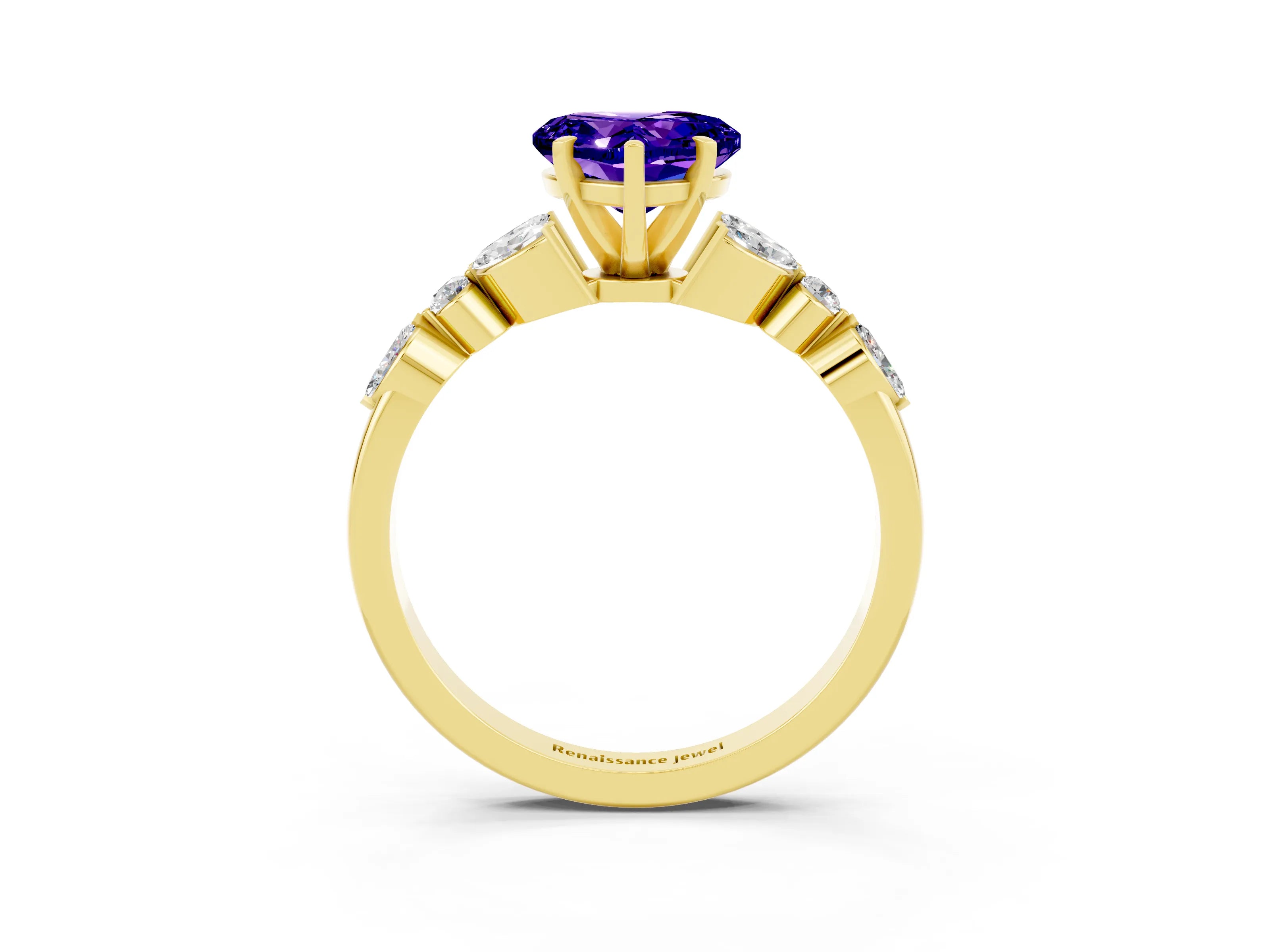 Yellow gold Heart Cut Tanzanite Solitaire Ring with Side Stones and Four-Prong Setting_15