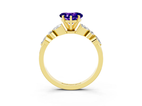 Yellow gold Heart Cut Tanzanite Solitaire Ring with Side Stones and Four-Prong Setting