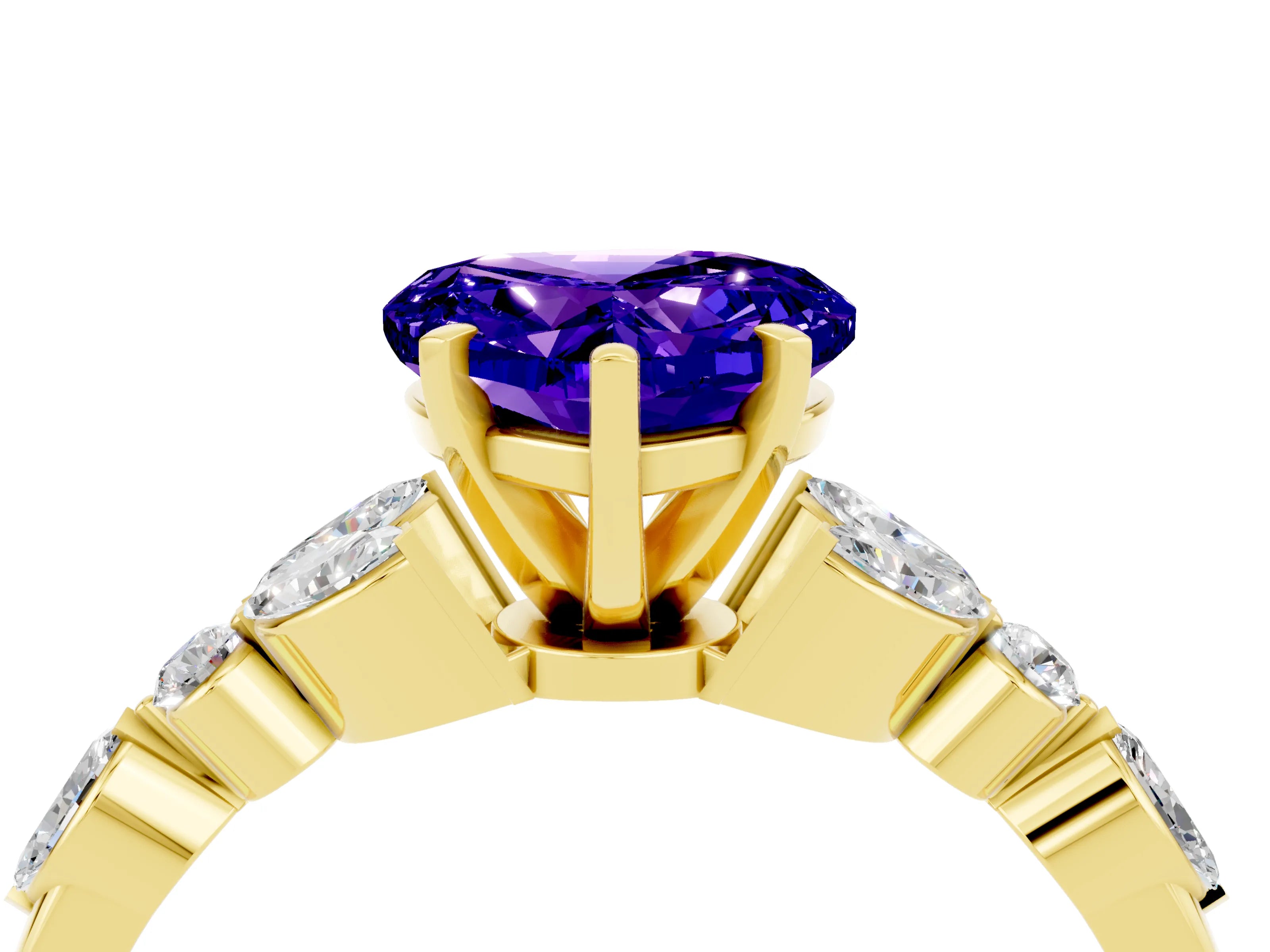 Yellow gold Heart Cut Tanzanite Solitaire Ring with Side Stones and Four-Prong Setting_16