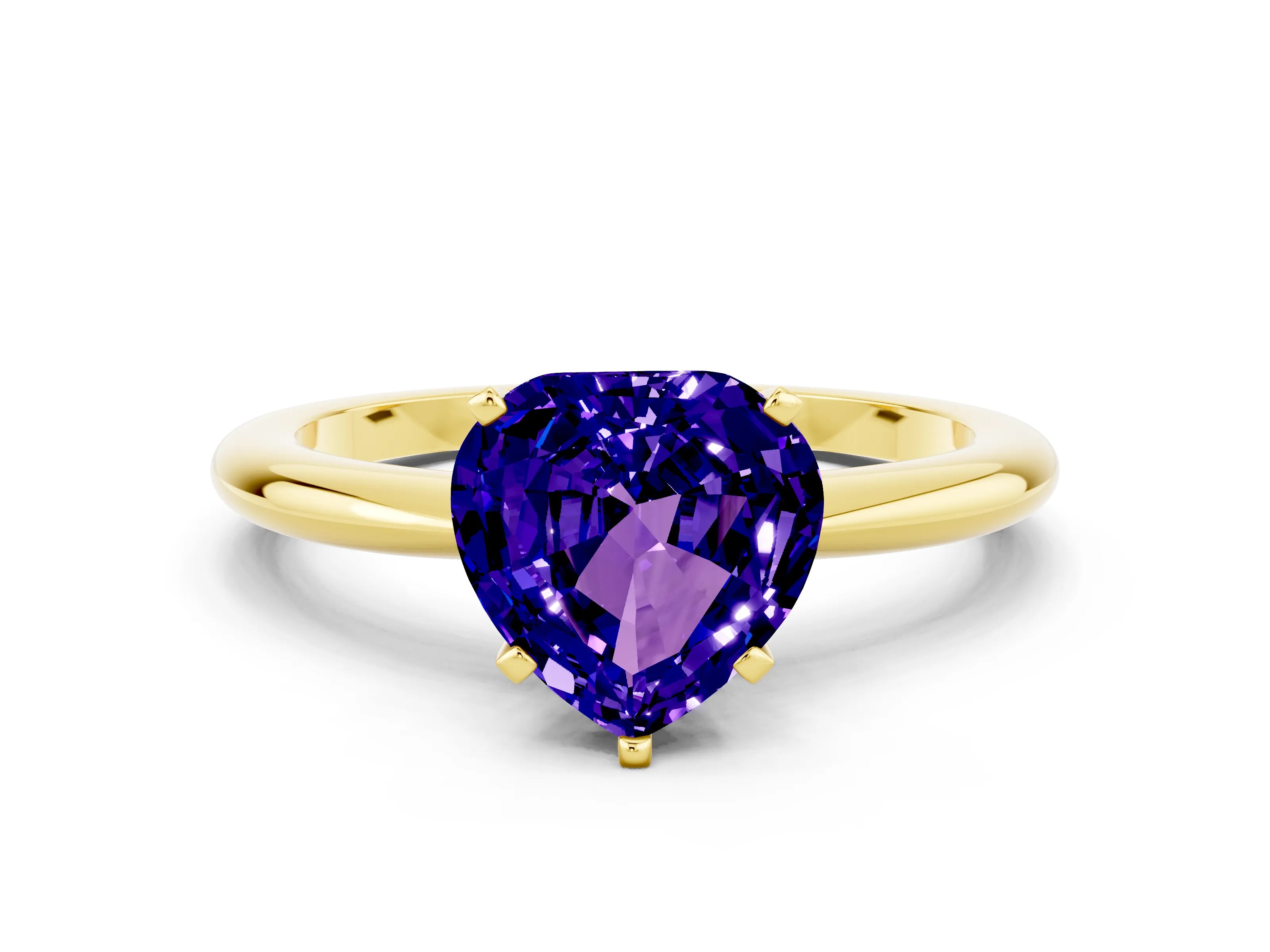 Yellow gold Heart Cut Tanzanite Solitaire Ring with Six-Prong Setting and Classic Band