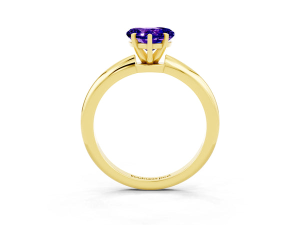 Yellow gold Heart Cut Tanzanite Solitaire Ring with Six-Prong Setting and Classic Band
