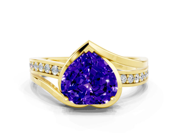 Yellow gold Heart Cut Tanzanite Solitaire Ring with Split Shank and Prong Setting