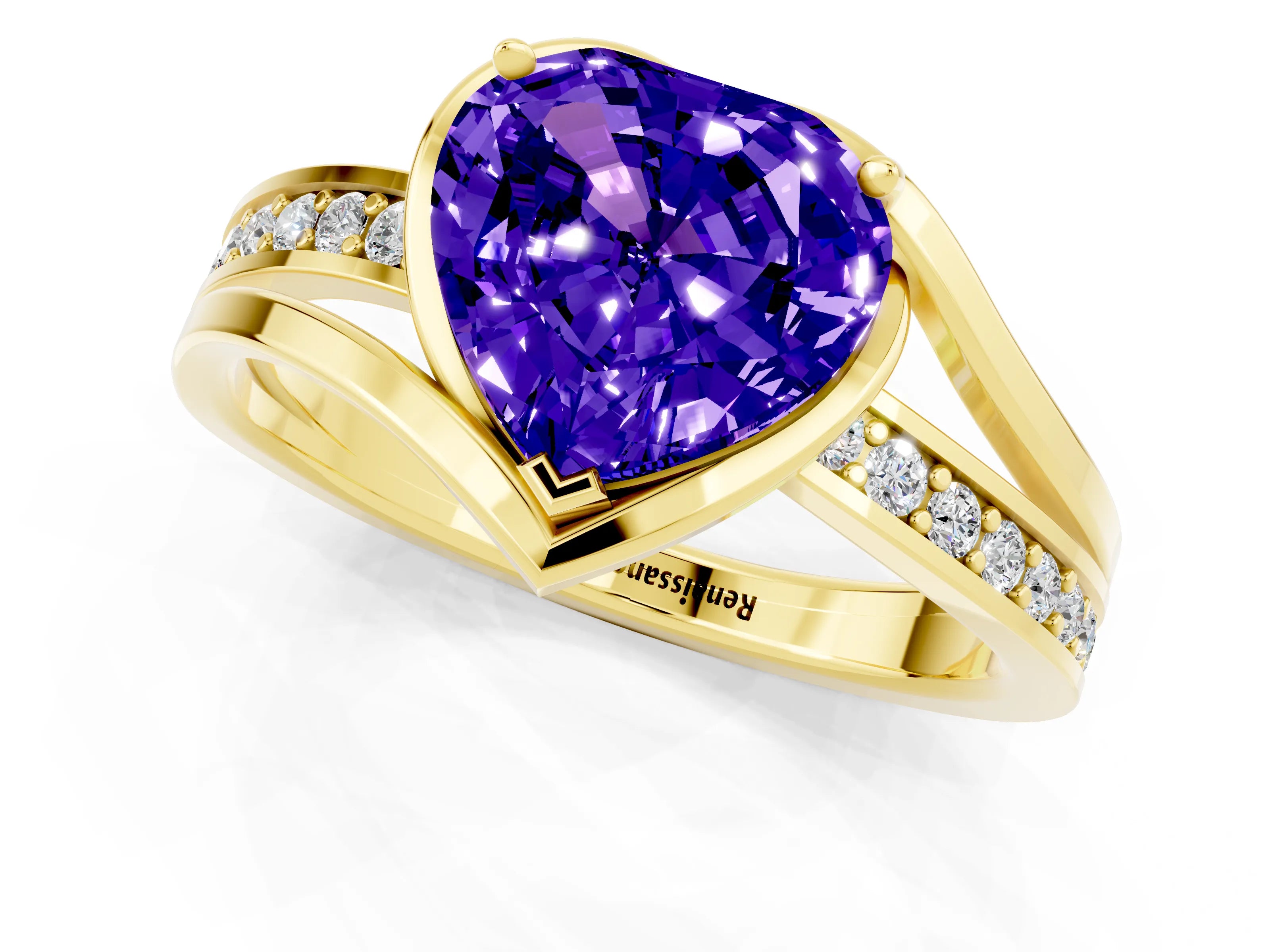 Yellow gold Heart Cut Tanzanite Solitaire Ring with Split Shank and Prong Setting_1