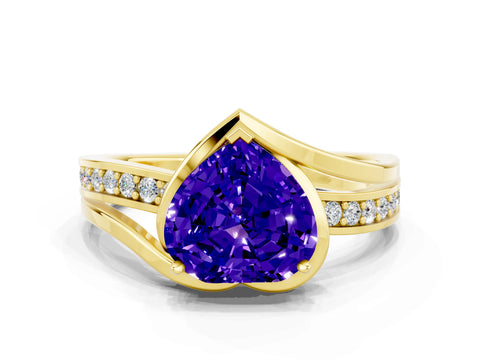 Yellow gold Heart Cut Tanzanite Solitaire Ring with Split Shank and Prong Setting