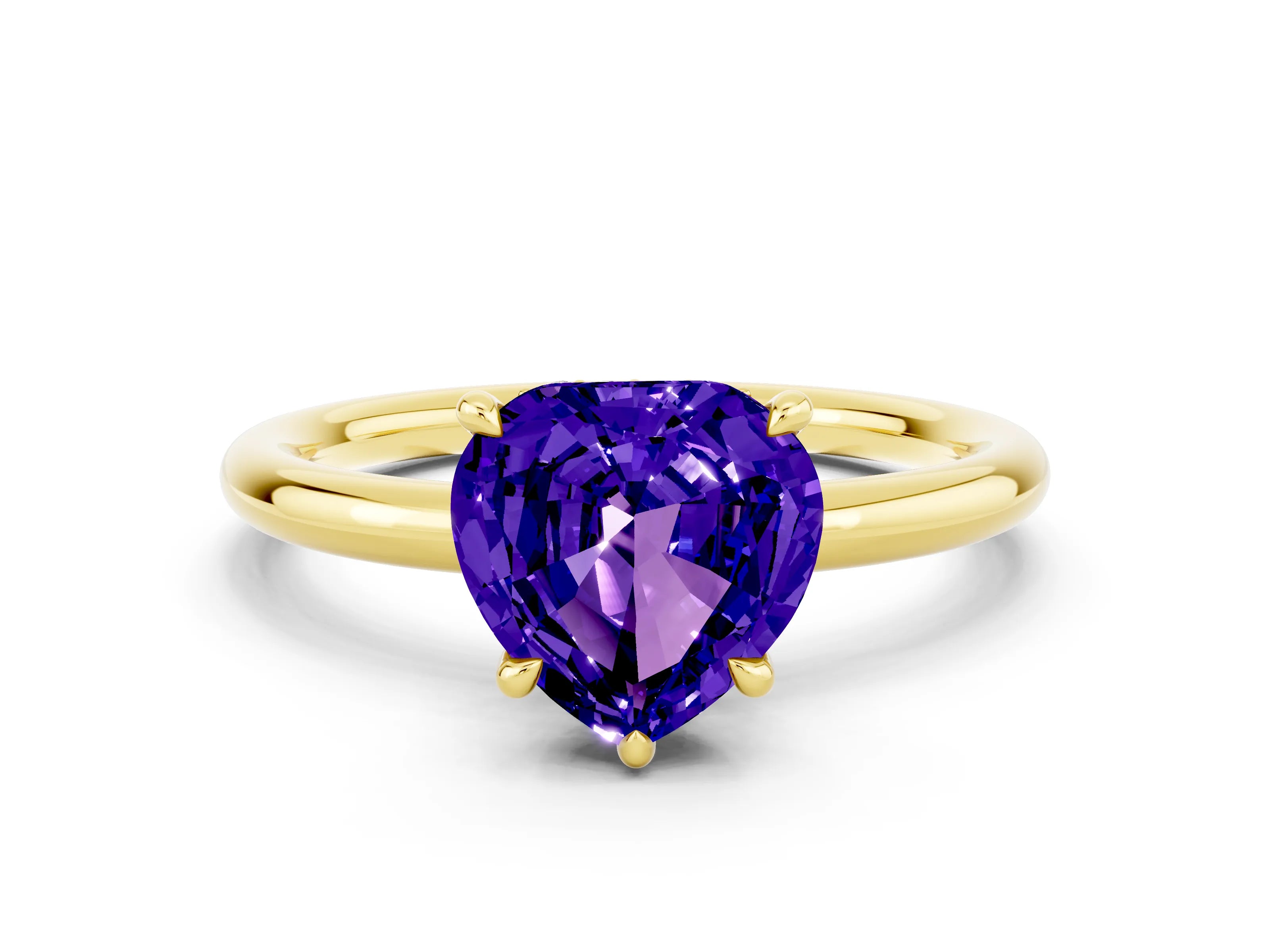 Yellow gold Heart Cut Tanzanite Solitaire Ring with Thin Band and Four-Prong Setting