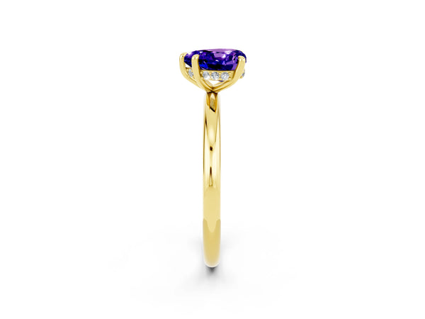 Yellow gold Heart Cut Tanzanite Solitaire Ring with Thin Band and Four-Prong Setting