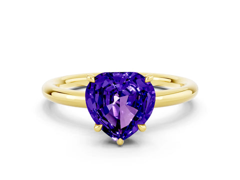 Yellow gold Heart Cut Tanzanite Solitaire Ring with Thin Band and Four-Prong Setting