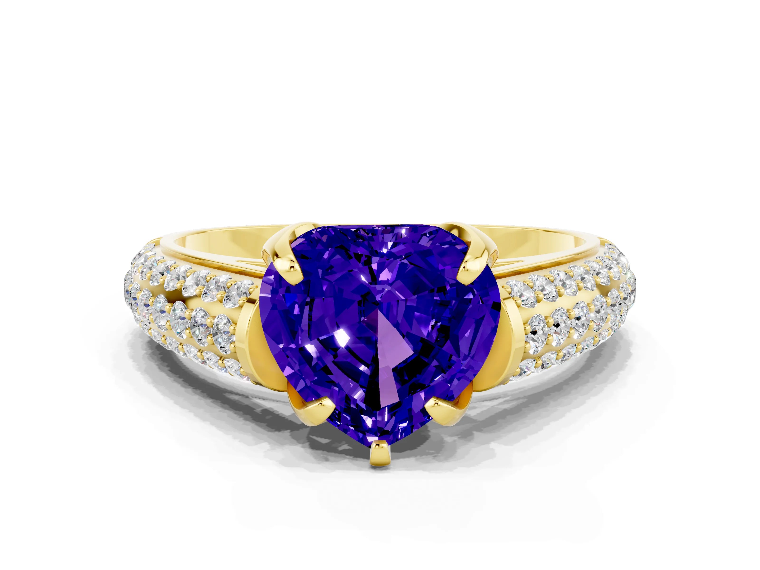 Yellow gold Heart Cut Tanzanite Solitaire Ring with Three-Row Pavé Band and Four-Prong Setting_12