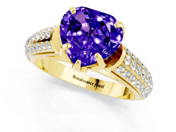 Yellow gold Heart Cut Tanzanite Solitaire Ring with Three-Row Pavé Band and Four-Prong Setting