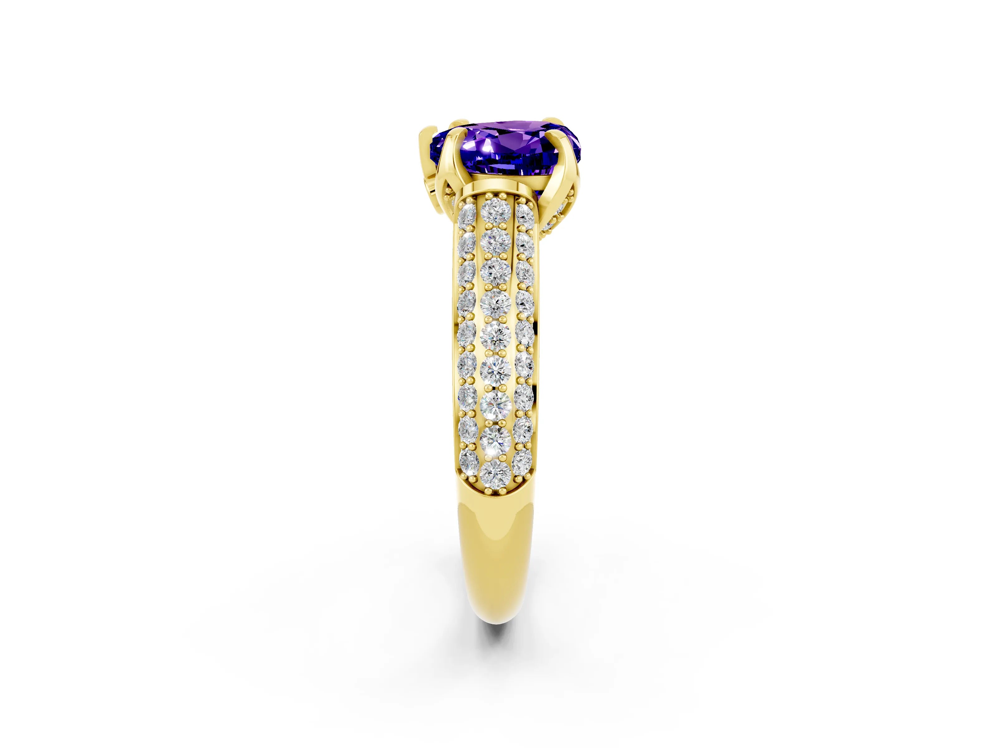 Yellow gold Heart Cut Tanzanite Solitaire Ring with Three-Row Pavé Band and Four-Prong Setting_14