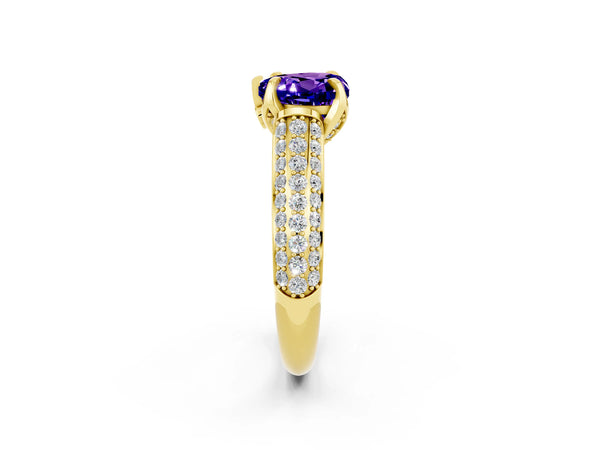 Yellow gold Heart Cut Tanzanite Solitaire Ring with Three-Row Pavé Band and Four-Prong Setting