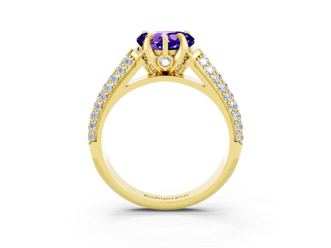 Yellow gold Heart Cut Tanzanite Solitaire Ring with Three-Row Pavé Band and Four-Prong Setting_15