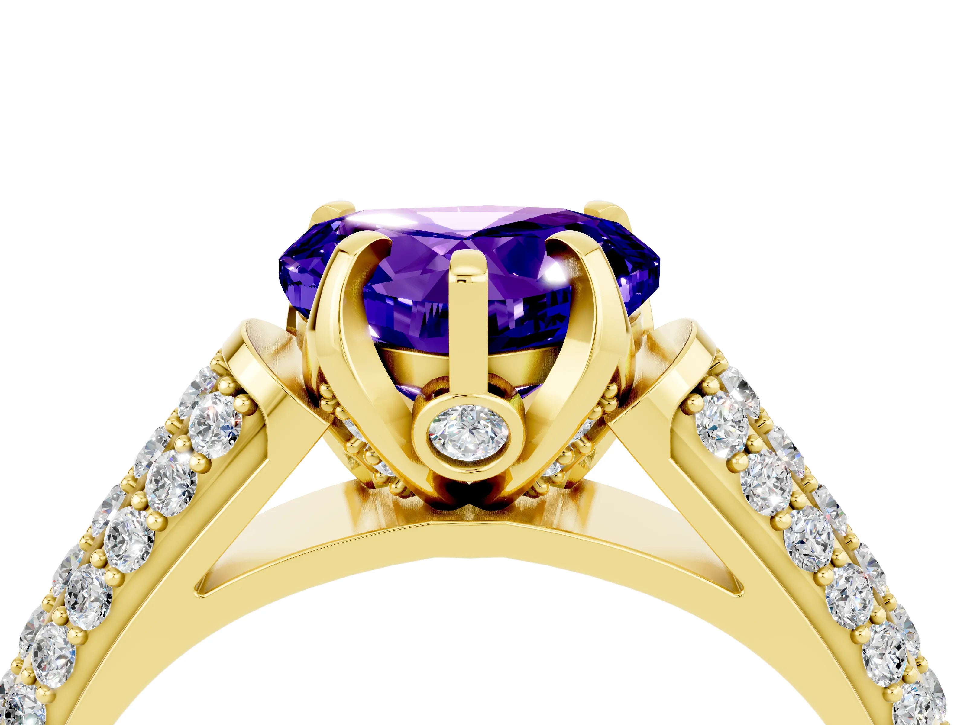 Yellow gold Heart Cut Tanzanite Solitaire Ring with Three-Row Pavé Band and Four-Prong Setting_16
