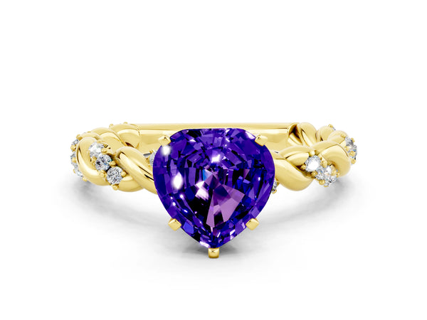 Yellow gold Heart Cut Tanzanite Solitaire Ring with Twisted Band and Pavé Accents