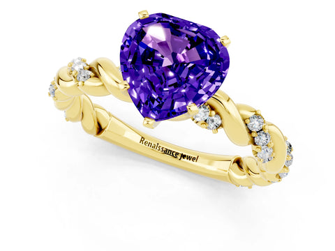Yellow gold Heart Cut Tanzanite Solitaire Ring with Twisted Band and Pavé Accents_1