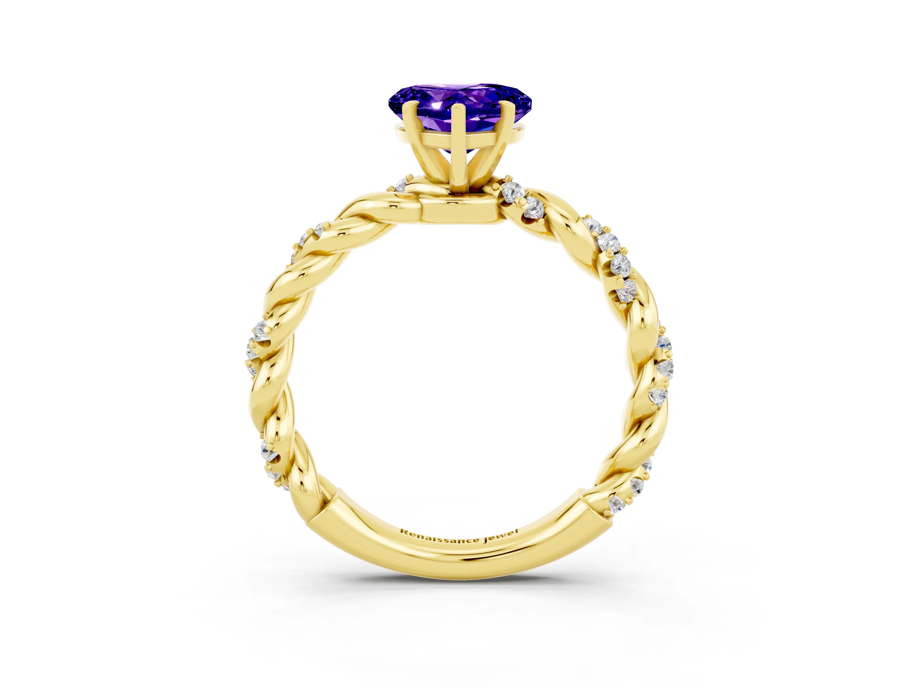 Yellow gold Heart Cut Tanzanite Solitaire Ring with Twisted Band and Pavé Accents_3