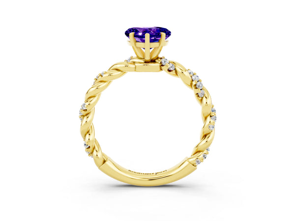 Yellow gold Heart Cut Tanzanite Solitaire Ring with Twisted Band and Pavé Accents
