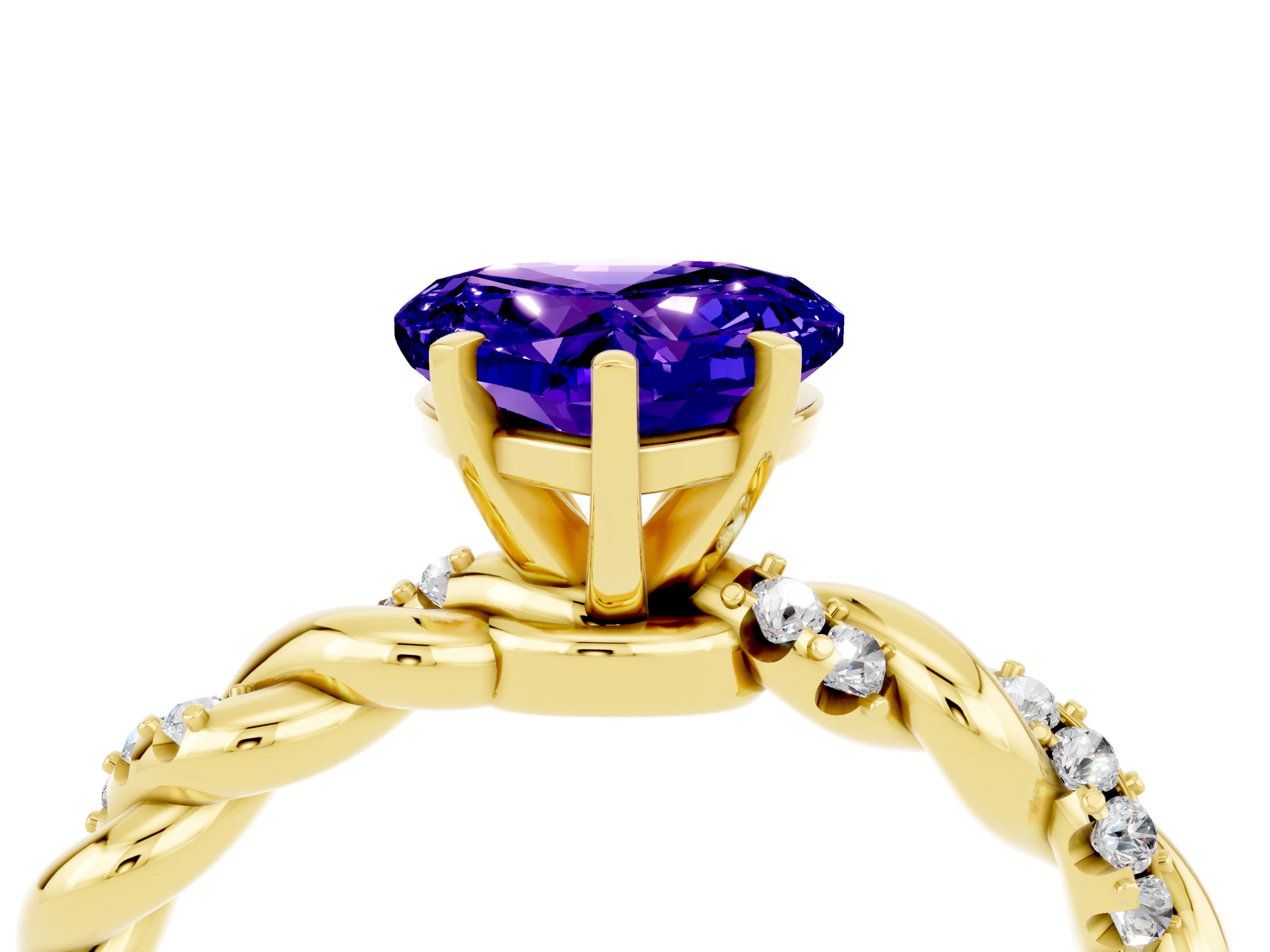 Yellow gold Heart Cut Tanzanite Solitaire Ring with Twisted Band and Pavé Accents_4