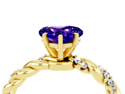 Yellow gold Heart Cut Tanzanite Solitaire Ring with Twisted Band and Pavé Accents_4