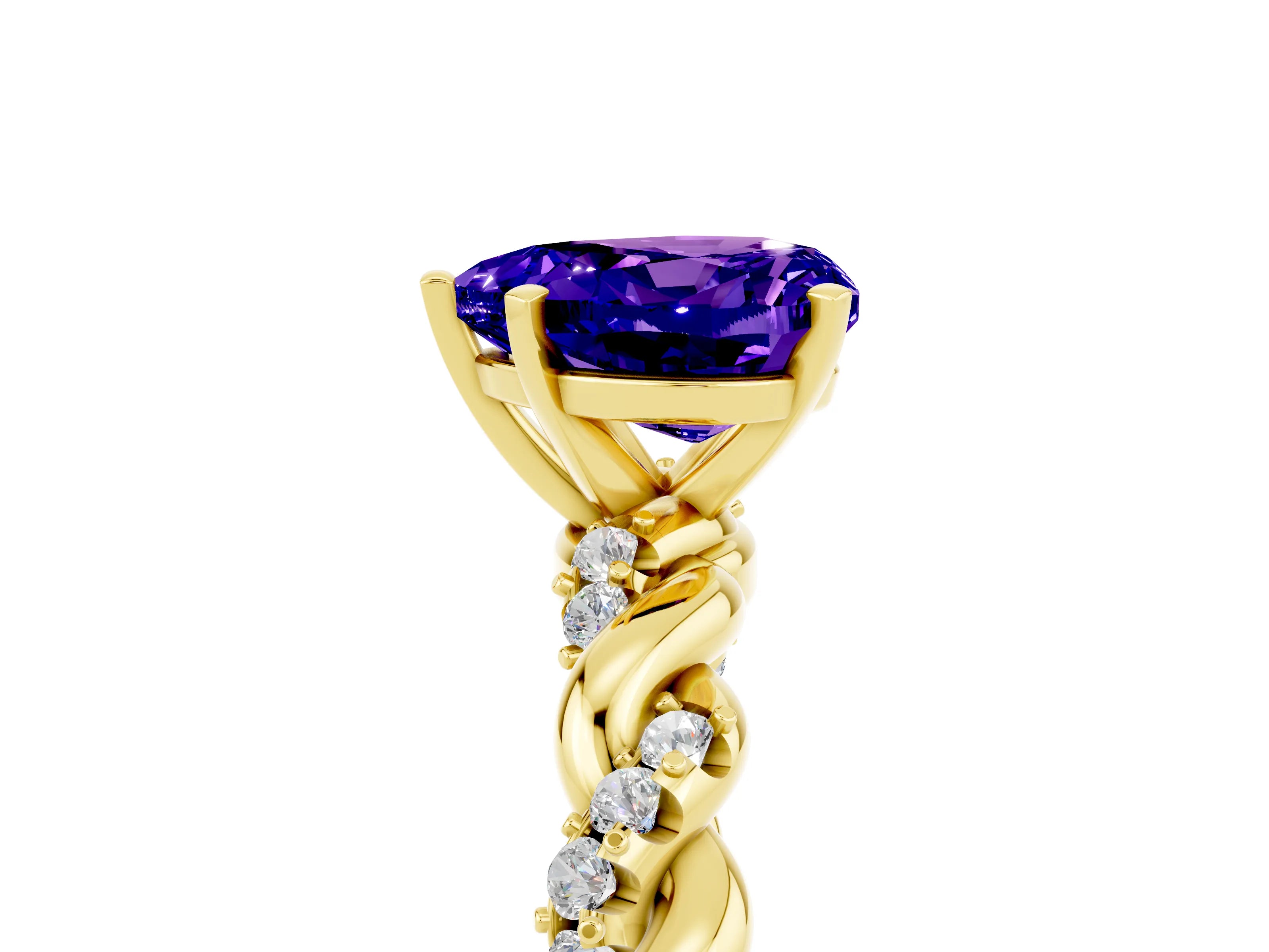 Yellow gold Heart Cut Tanzanite Solitaire Ring with Twisted Band and Pavé Accents_5