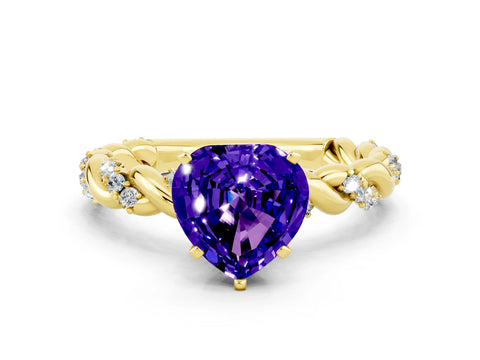 Yellow gold Heart Cut Tanzanite Solitaire Ring with Twisted Band and Pavé Accents