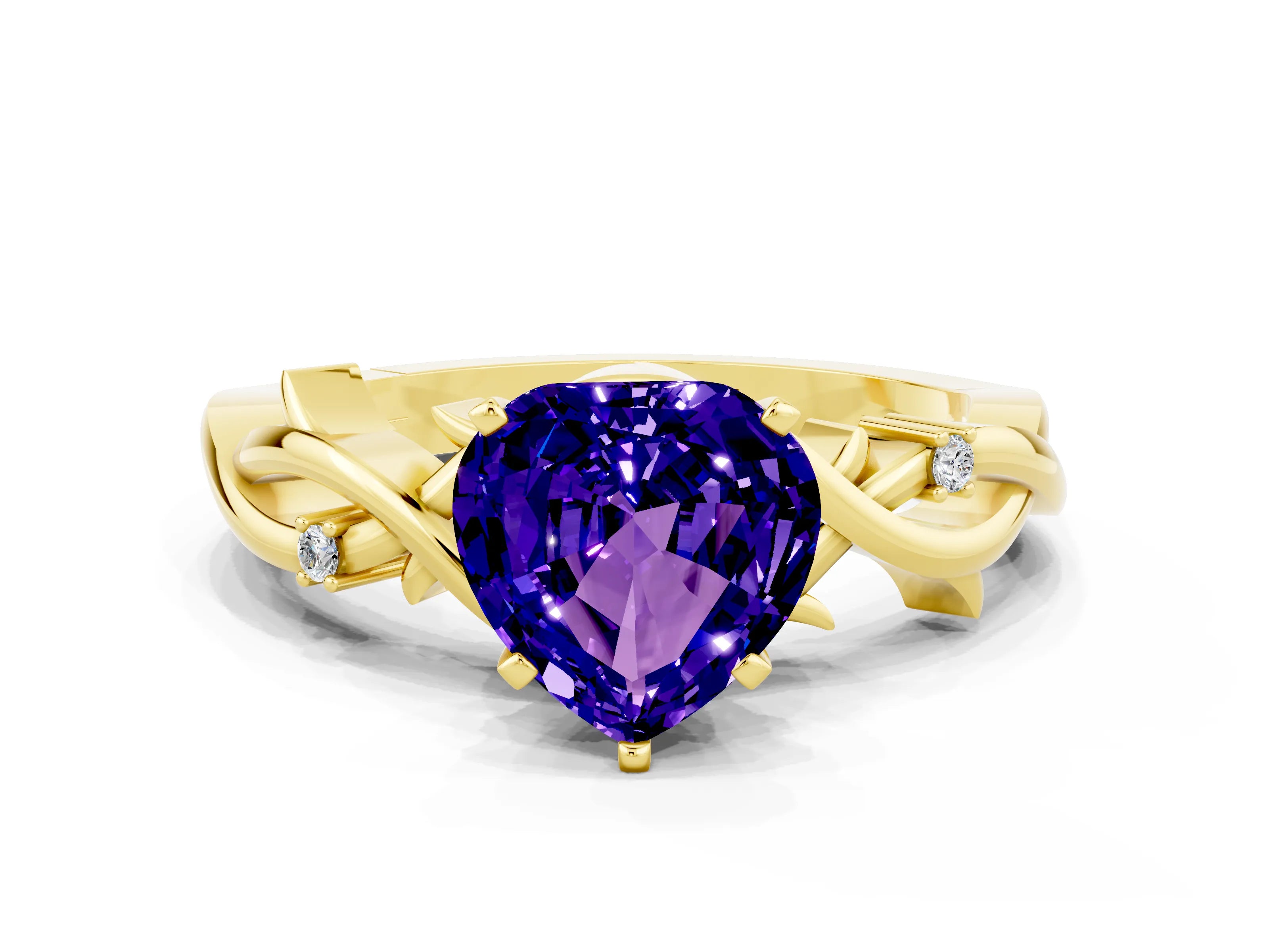 Yellow gold Heart Cut Tanzanite Solitaire Ring with Twisted Band and Prong Setting