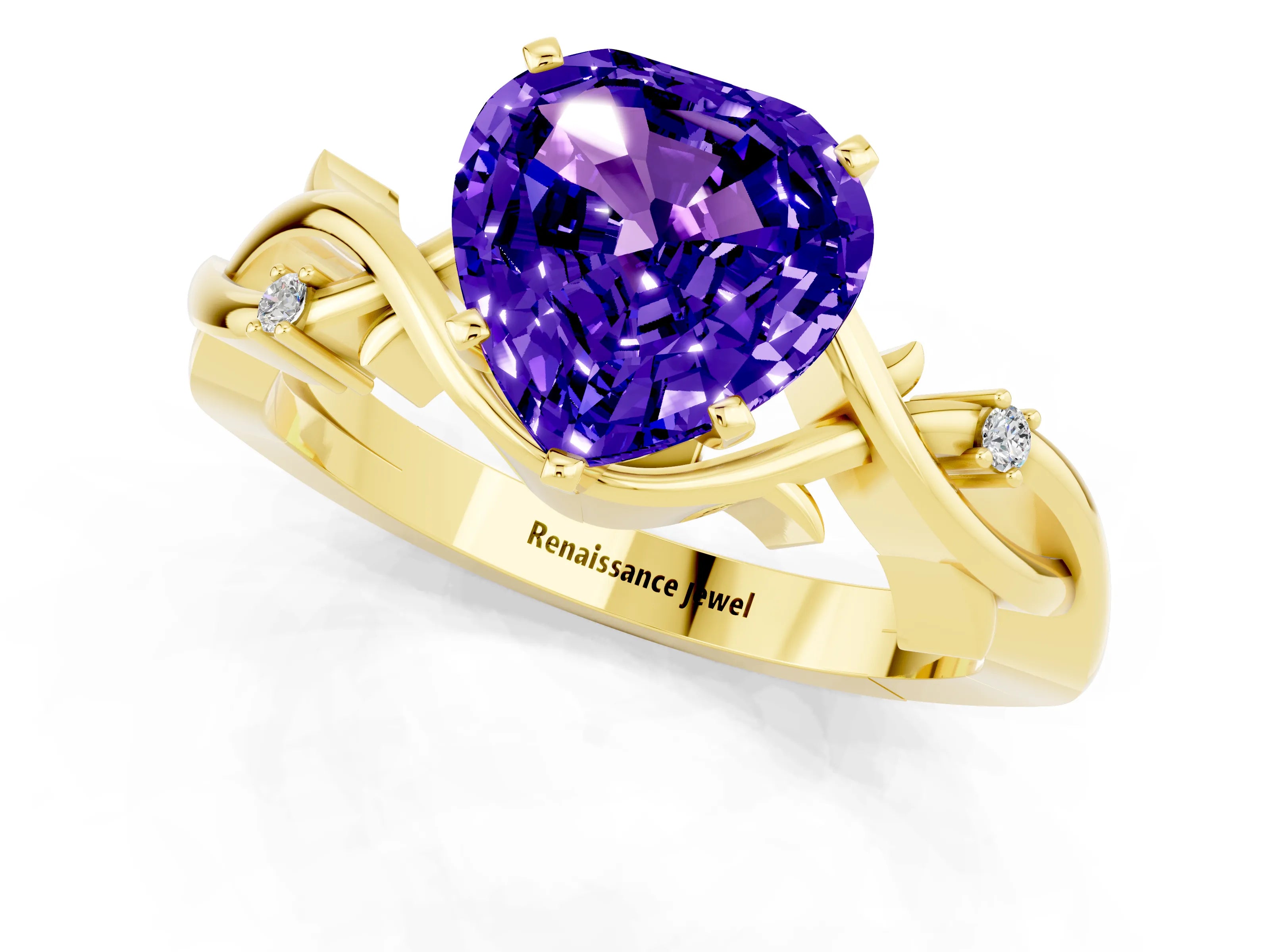 Yellow gold Heart Cut Tanzanite Solitaire Ring with Twisted Band and Prong Setting_1