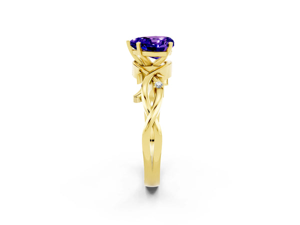 Yellow gold Heart Cut Tanzanite Solitaire Ring with Twisted Band and Prong Setting