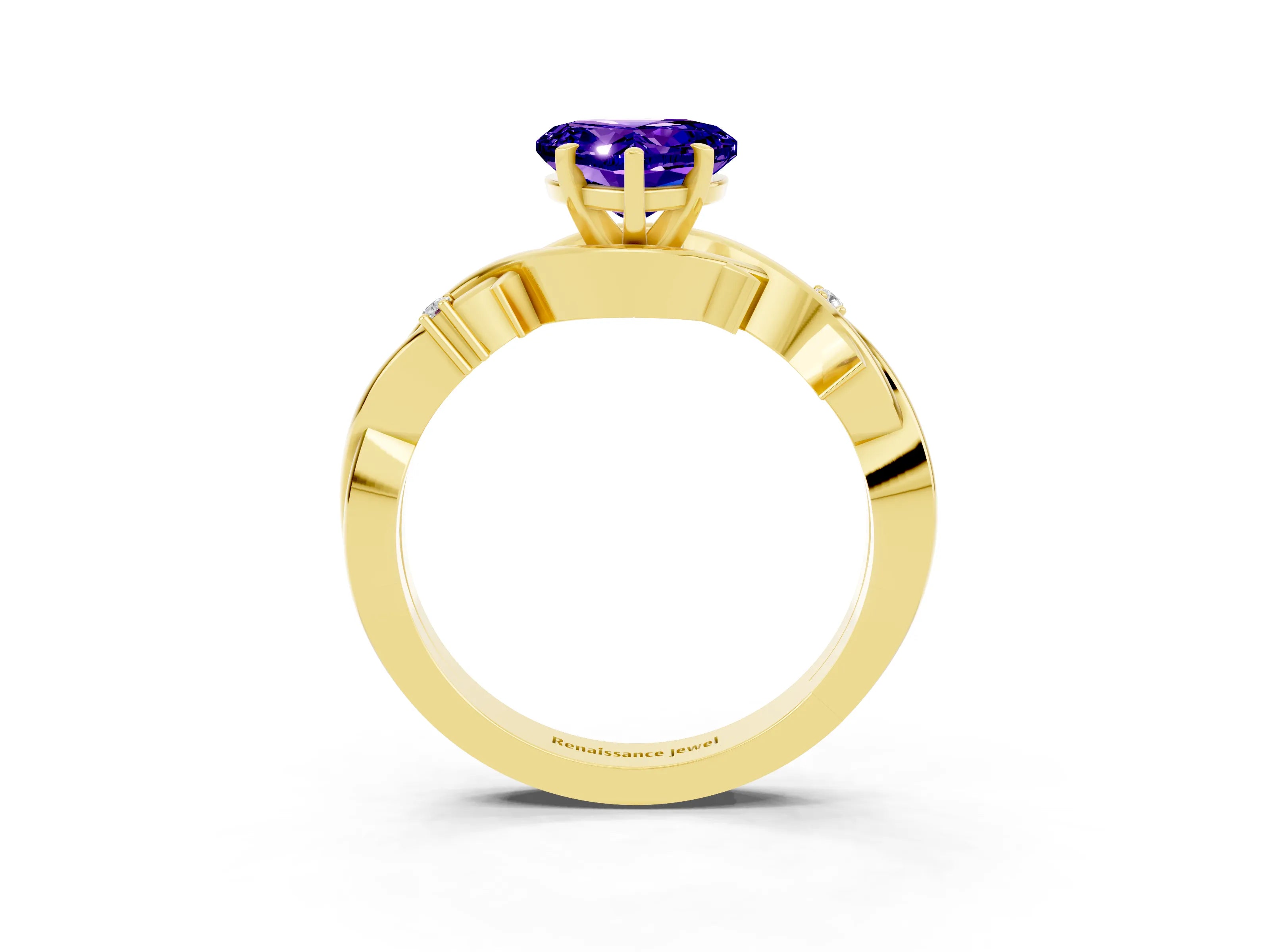 Yellow gold Heart Cut Tanzanite Solitaire Ring with Twisted Band and Prong Setting_3