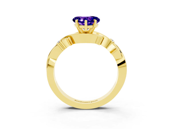 Yellow gold Heart Cut Tanzanite Solitaire Ring with Twisted Band and Prong Setting