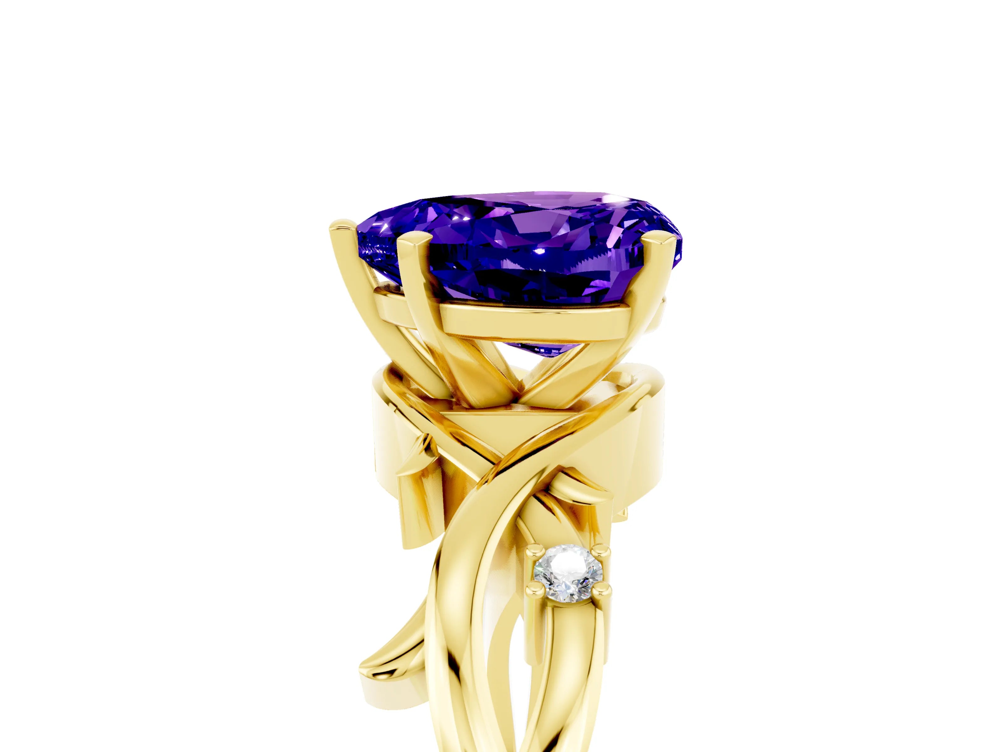 Yellow gold Heart Cut Tanzanite Solitaire Ring with Twisted Band and Prong Setting_5