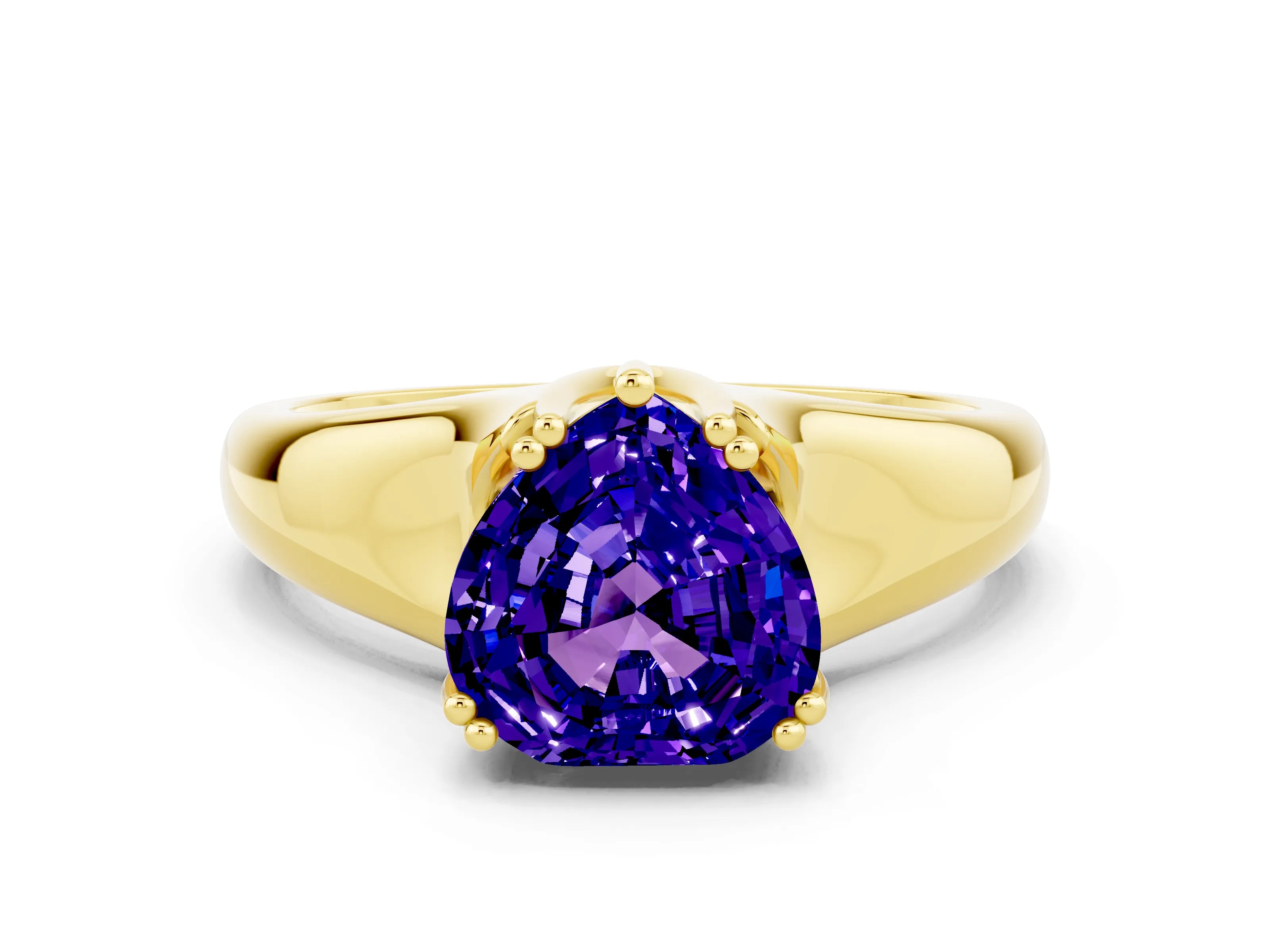 Yellow gold Heart Cut Tanzanite Solitaire Ring with Wide Band and Prong Setting