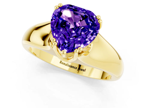 Yellow gold Heart Cut Tanzanite Solitaire Ring with Wide Band and Prong Setting_1