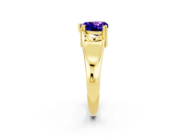 Yellow gold Heart Cut Tanzanite Solitaire Ring with Wide Band and Prong Setting