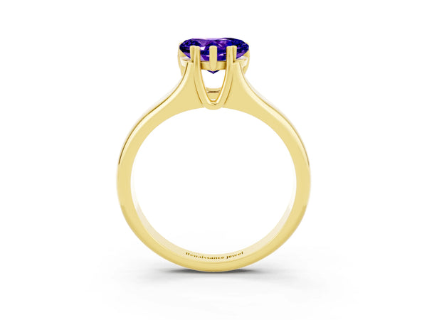 Yellow gold Heart Cut Tanzanite Solitaire Ring with Wide Band and Prong Setting