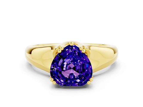 Yellow gold Heart Cut Tanzanite Solitaire Ring with Wide Band and Prong Setting