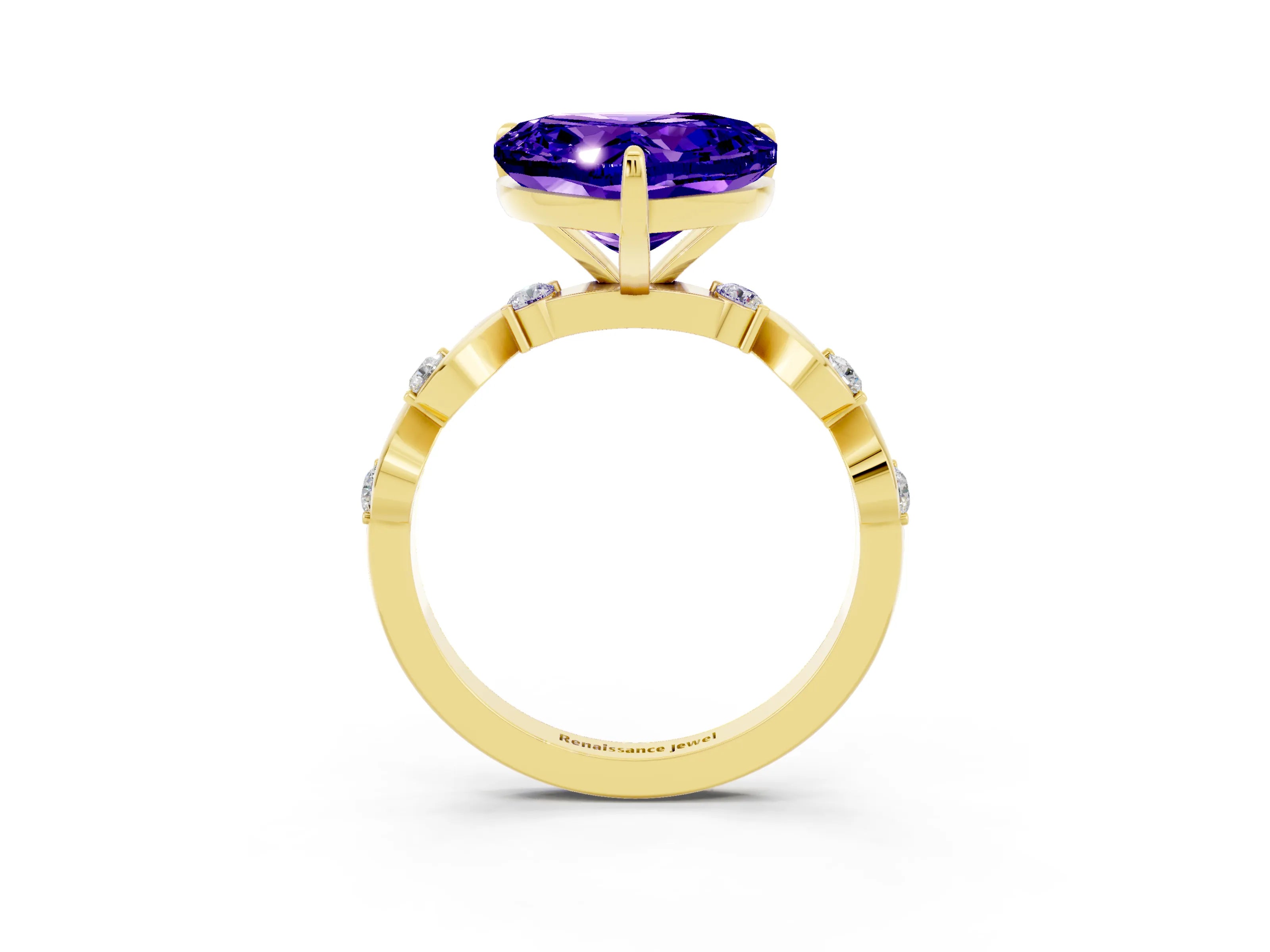 Yellow gold Heart Cut Tanzanite Solitaire Twisted Band with Round  Accents and Prong Setting_15