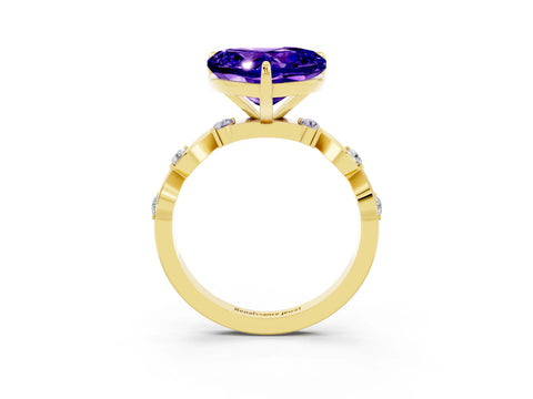 Yellow gold Heart Cut Tanzanite Solitaire Twisted Band with Round  Accents and Prong Setting_15