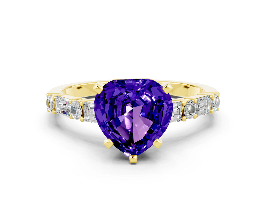 Yellow gold Heart Cut Tanzanite Solitaire with Side Baguettes and Channel Set Band