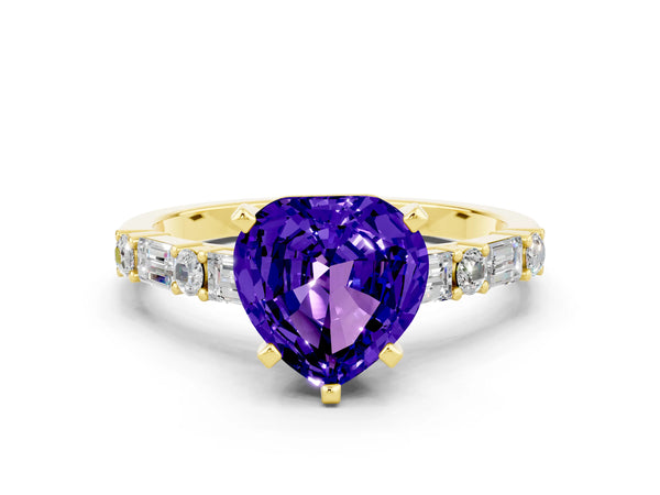 Yellow gold Heart Cut Tanzanite Solitaire with Side Baguettes and Channel Set Band