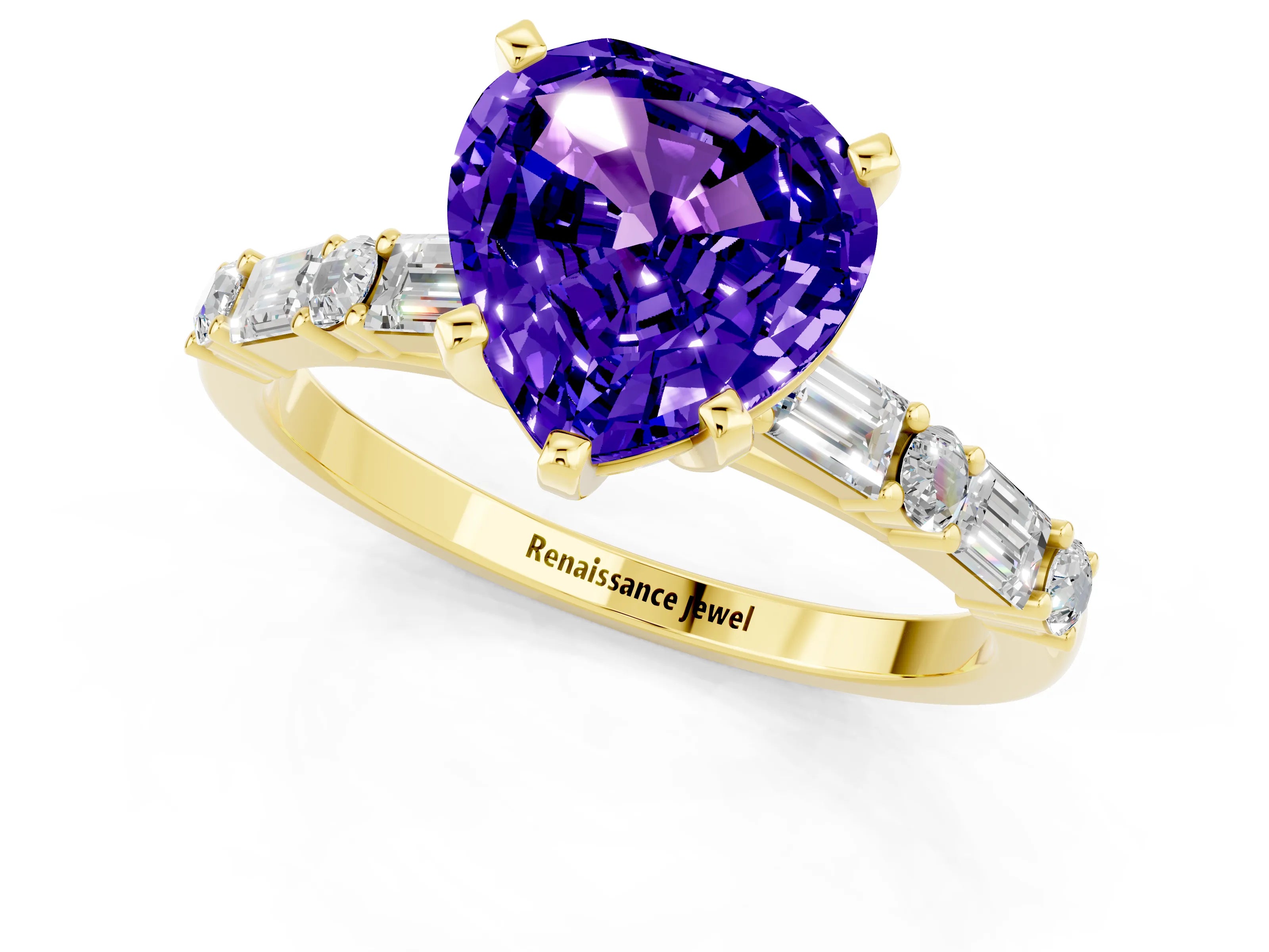 Yellow gold Heart Cut Tanzanite Solitaire with Side Baguettes and Channel Set Band_1