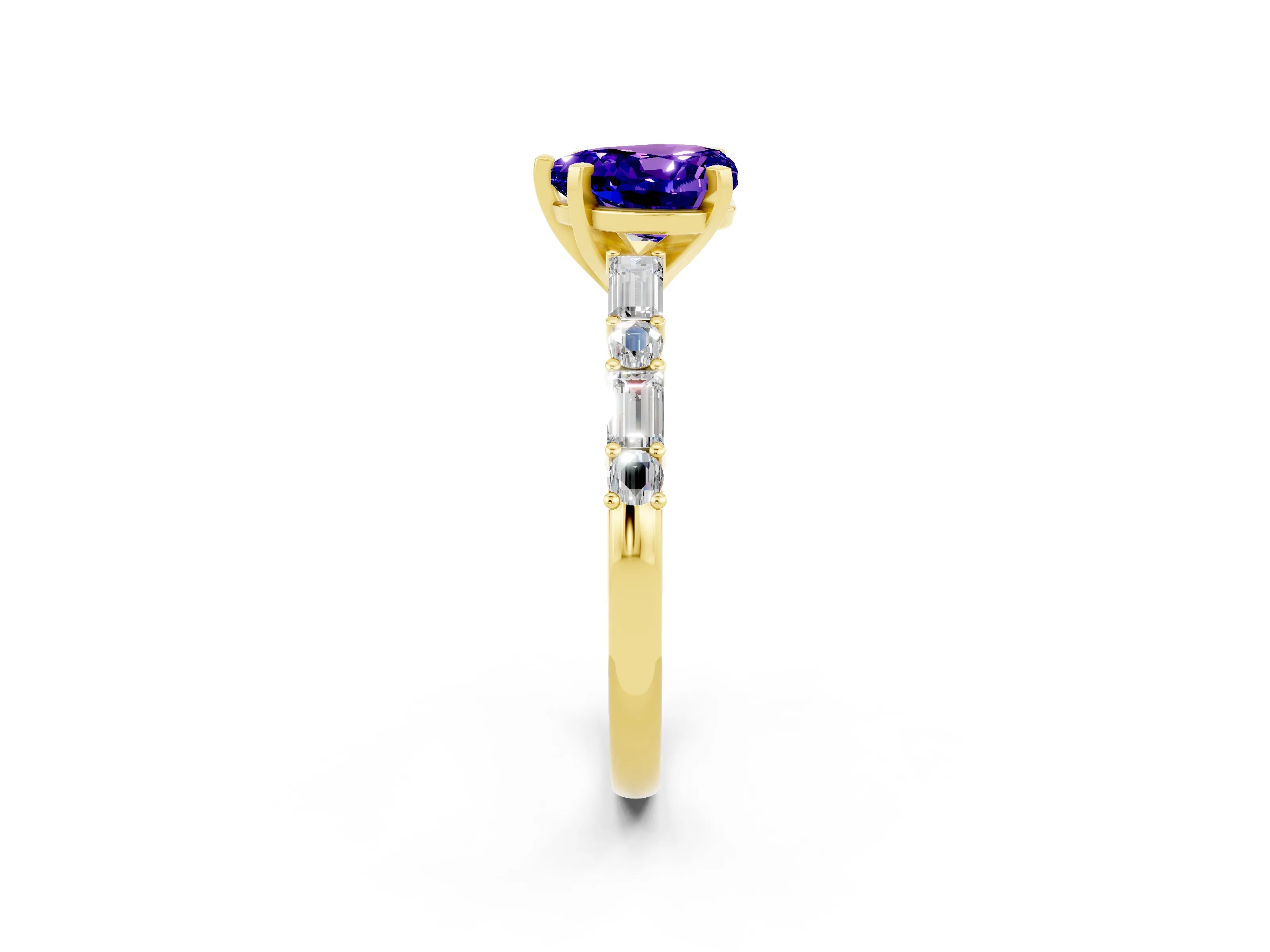 Yellow gold Heart Cut Tanzanite Solitaire with Side Baguettes and Channel Set Band_2