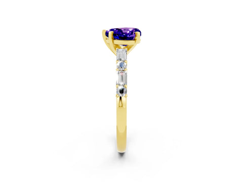 Yellow gold Heart Cut Tanzanite Solitaire with Side Baguettes and Channel Set Band_2
