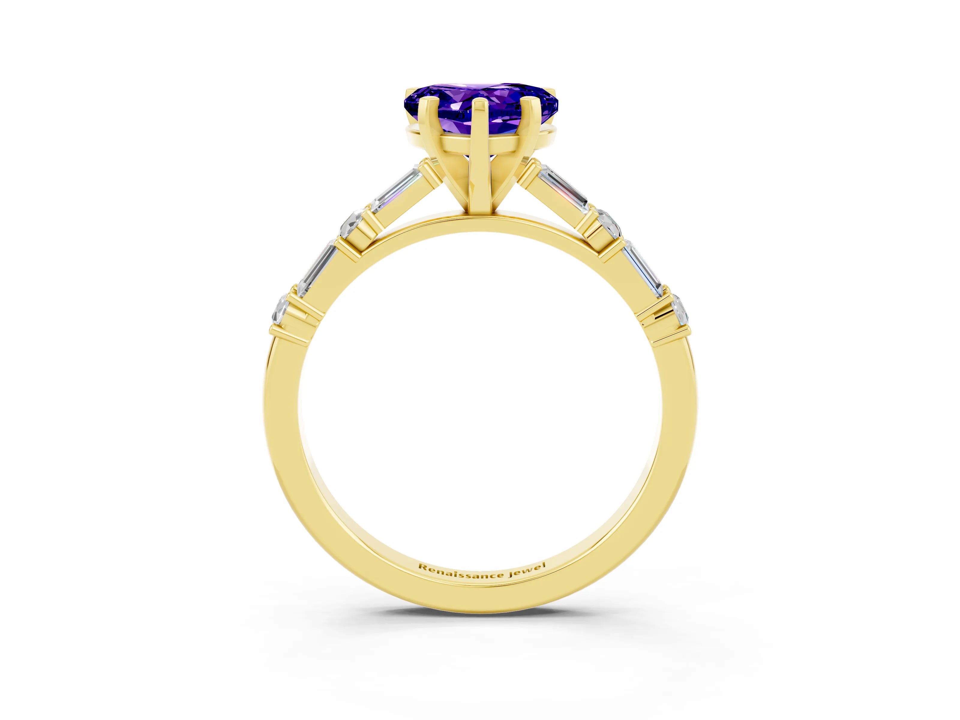 Yellow gold Heart Cut Tanzanite Solitaire with Side Baguettes and Channel Set Band_3