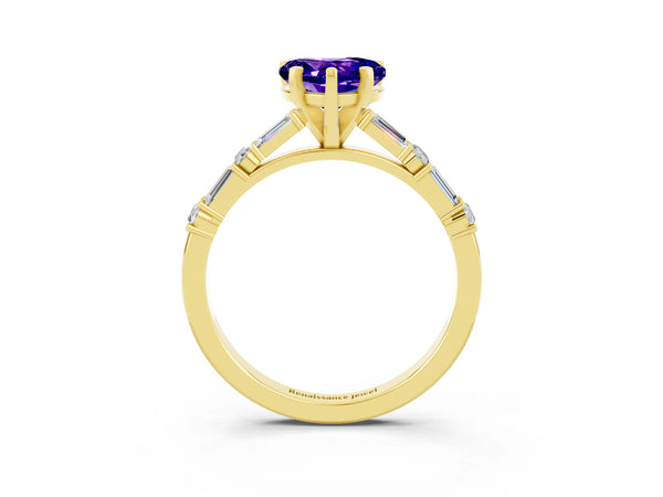 Yellow gold Heart Cut Tanzanite Solitaire with Side Baguettes and Channel Set Band