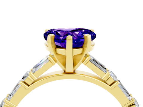 Yellow gold Heart Cut Tanzanite Solitaire with Side Baguettes and Channel Set Band_4