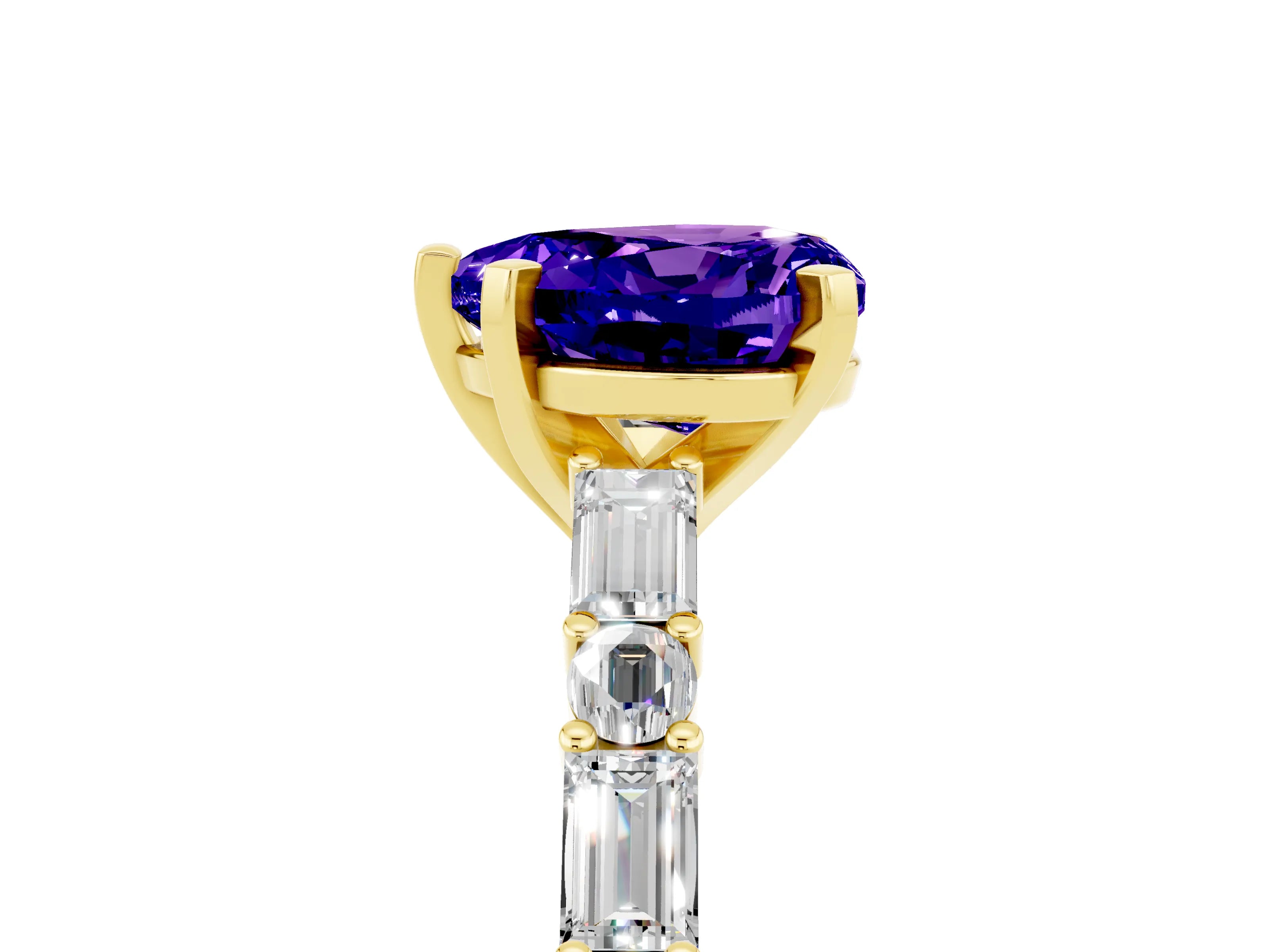 Yellow gold Heart Cut Tanzanite Solitaire with Side Baguettes and Channel Set Band_5