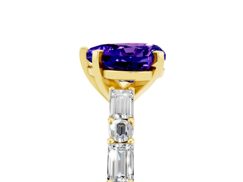 Yellow gold Heart Cut Tanzanite Solitaire with Side Baguettes and Channel Set Band_5